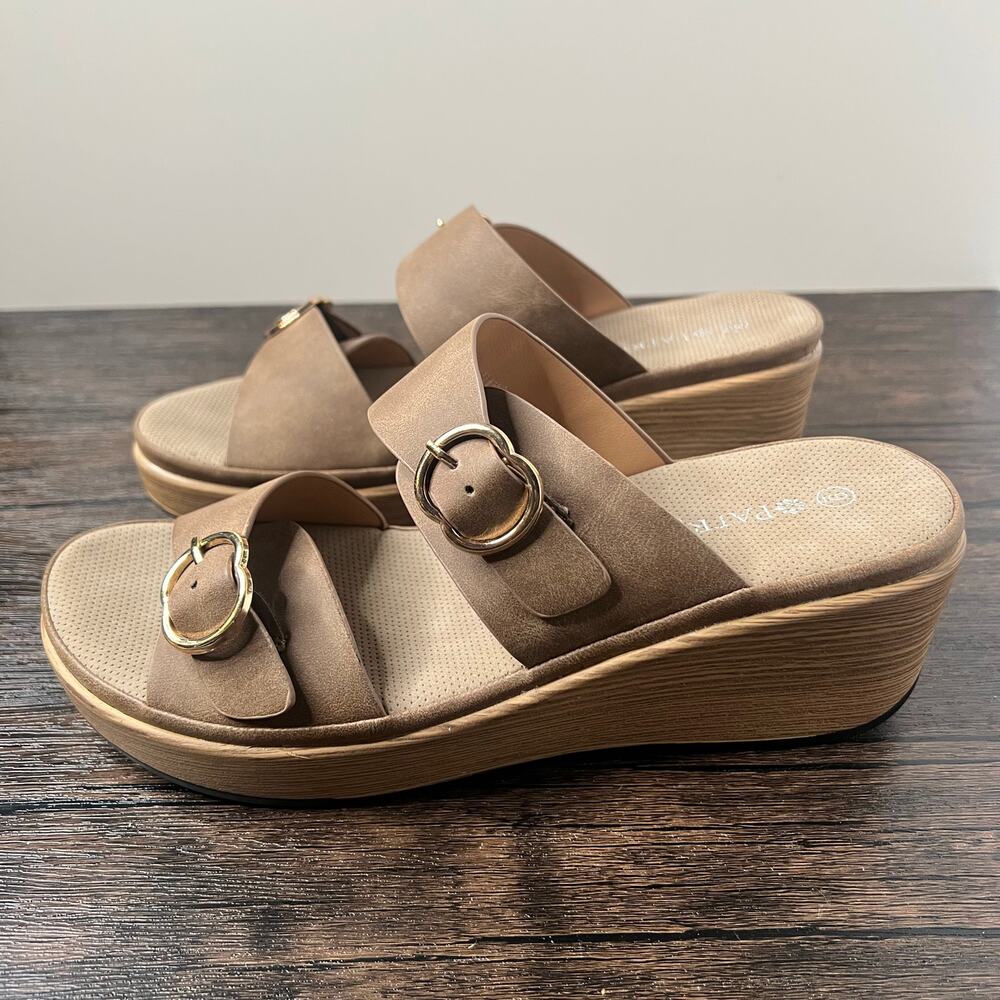 Patrizia Shaniho Wedge Platform Sandals Taupe Slide On Size 9 Boho
